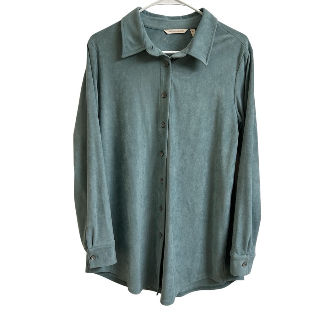 Soft Surroundings Softly Sueded Button Down Shirt Blue Womens Size M Oversized